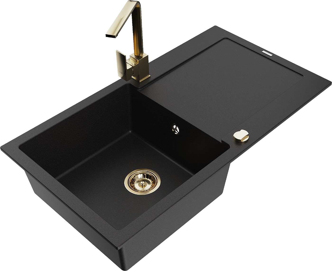 Mexen Leo zlewozmywak granitowy 1-komorowy z ociekaczem i baterią kuchenną Rita, czarny  - 6501-77-670300-50