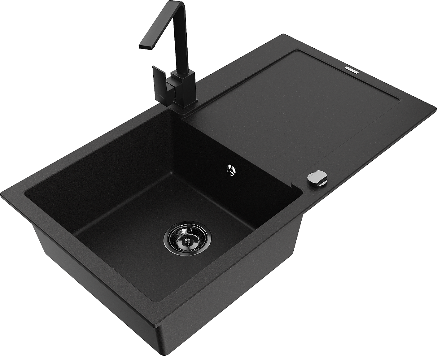Mexen Leo zlewozmywak granitowy 1-komorowy z ociekaczem i baterią kuchenną Rita, czarny  - 6501-77-670300-70-B