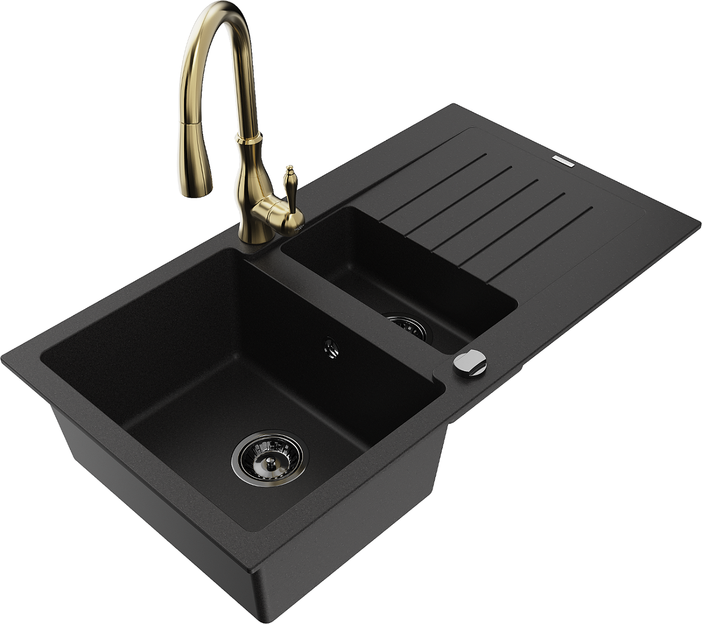Mexen Matias zlewozmywak granitowy 1,5-komorowy z ociekaczem i baterią kuchenną Savita, czarny - 6502-77-672601-50-B