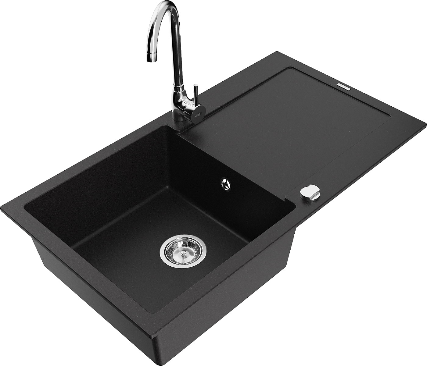 Mexen Leo zlewozmywak granitowy 1-komorowy z ociekaczem i baterią kuchenną Telma, czarny - 6501-77-670200-00
