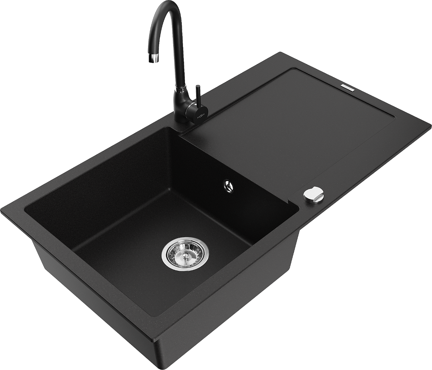 Mexen Leo zlewozmywak granitowy 1-komorowy z ociekaczem i baterią kuchenną Telma, czarny - 6501-77-670200-70