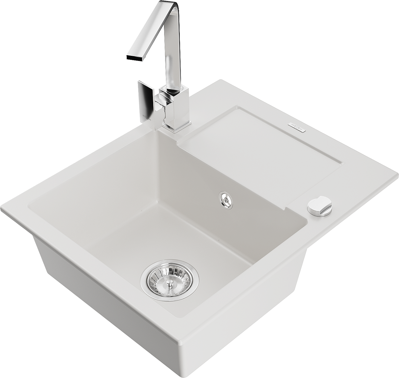 Mexen Enzo zlewozmywak granitowy 1-komorowy z ociekaczem i baterią kuchenną Rita, biały - 6506-20-670300-00