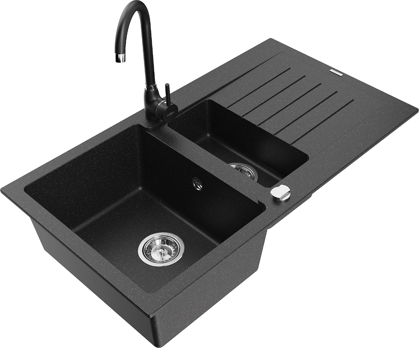 Mexen Matias zlewozmywak granitowy 1,5-komorowy z ociekaczem i baterią kuchenną Telma, czarny/srebrny - 6502-73-670200-70