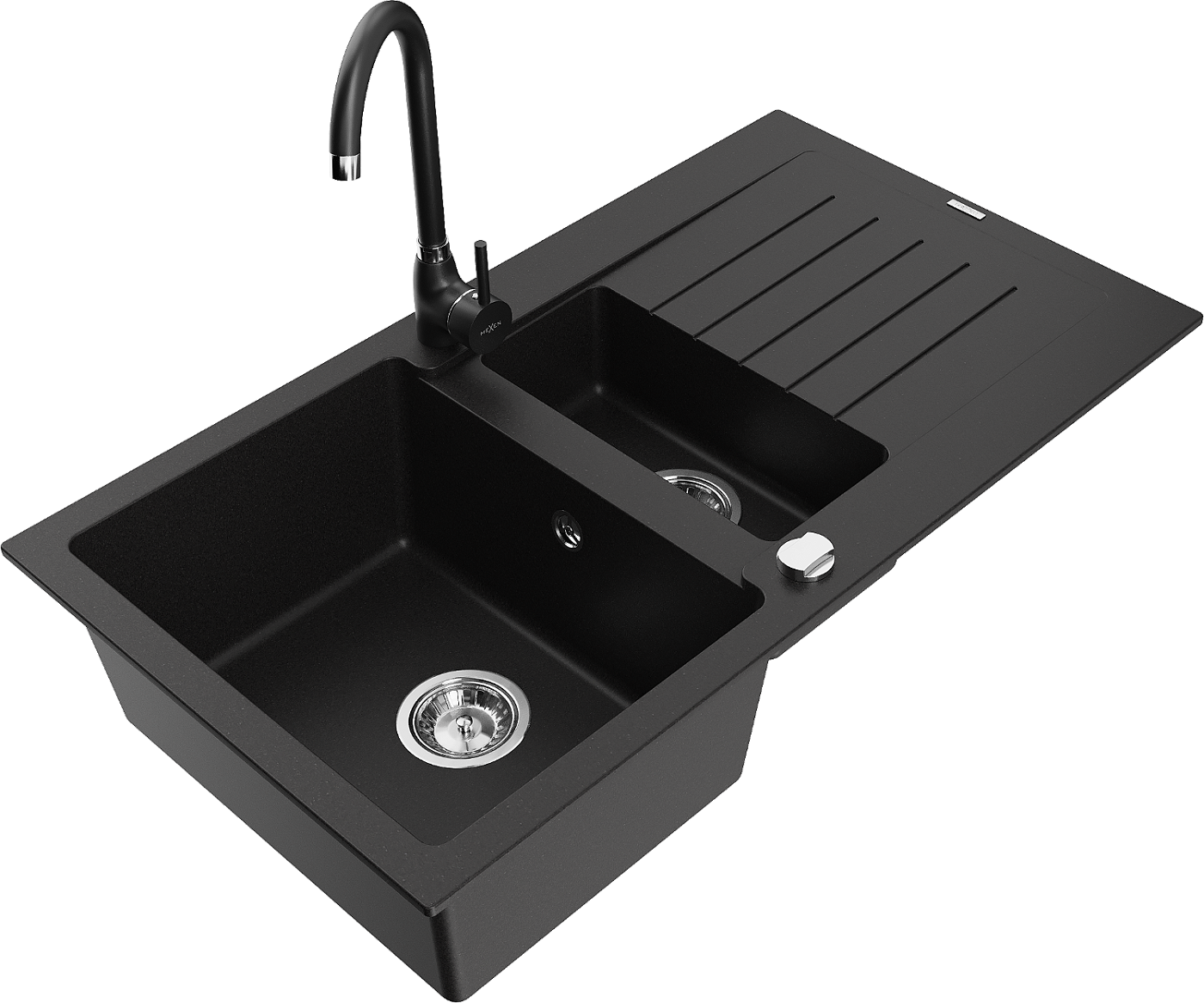 Mexen Matias zlewozmywak granitowy 1,5-komorowy z ociekaczem i baterią kuchenną Telma, czarny - 6502-77-670200-70