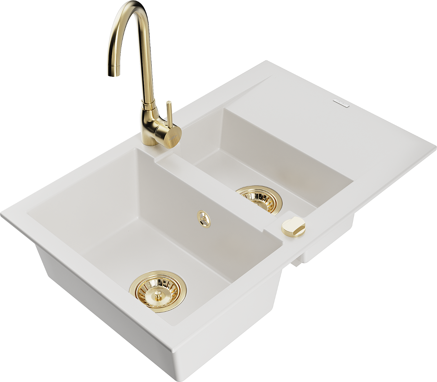 Mexen Gaspar zlewozmywak granitowy 1,5-komorowy z ociekaczem i baterią kuchenną Telma, biały - 6507-20-670200-50