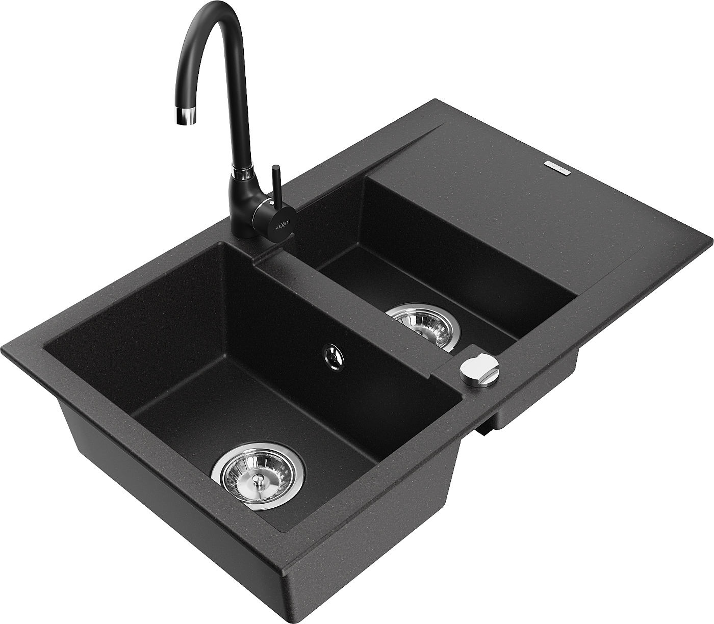 Mexen Gaspar zlewozmywak granitowy 1,5-komorowy z ociekaczem i baterią kuchenną Telma, czarny - 6507-77-670200-70