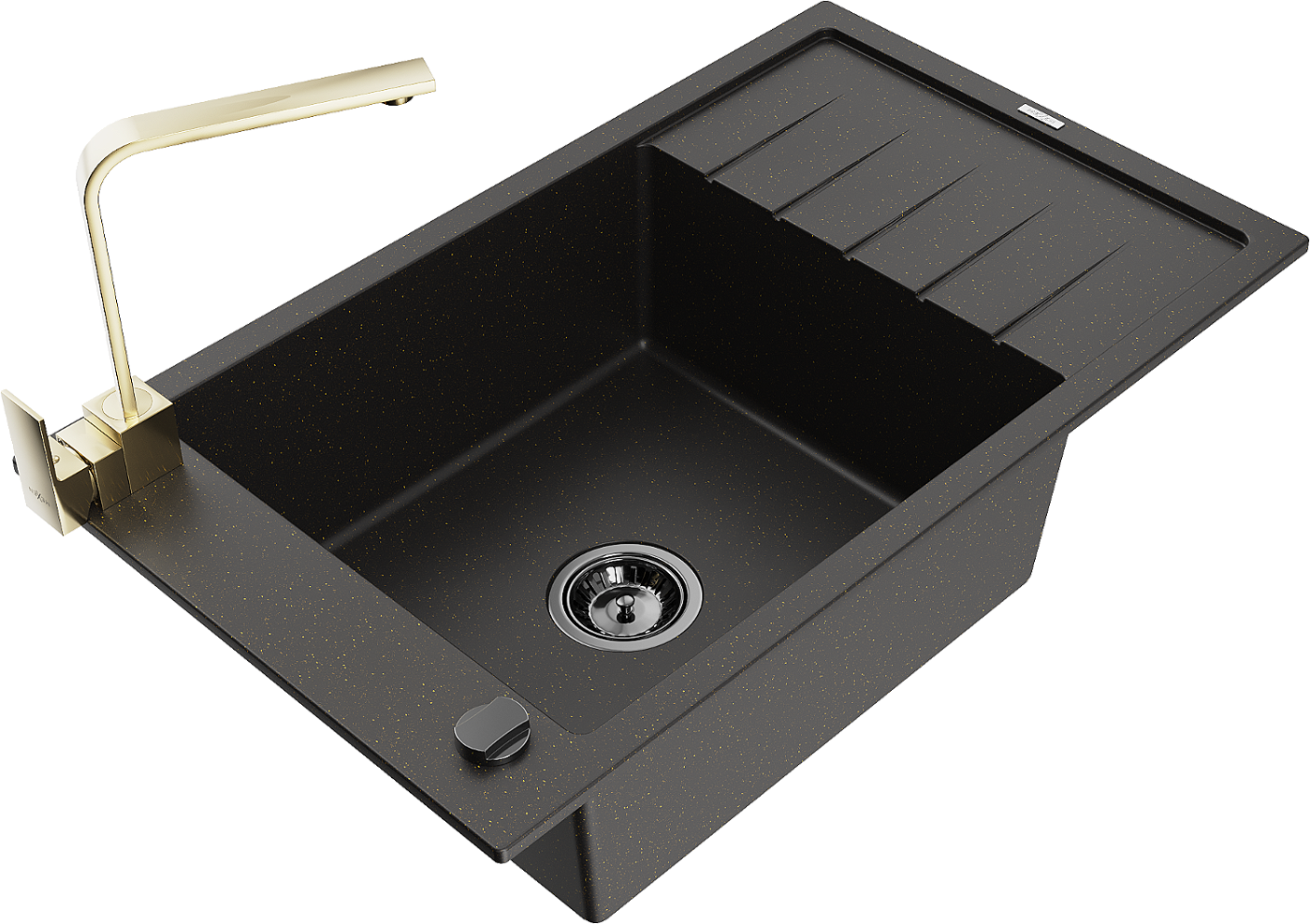 Mexen Elias zlewozmywak granitowy 1-komorowy z ociekaczem i baterią kuchenną Rita, czarny/złoty metalik - 6511-75-670300-50-B