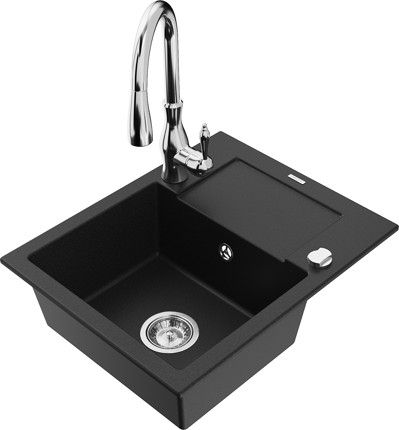 Mexen Enzo zlewozmywak granitowy 1-komorowy z ociekaczem i baterią kuchenną Savita, czarny - 6506-77-672601-00