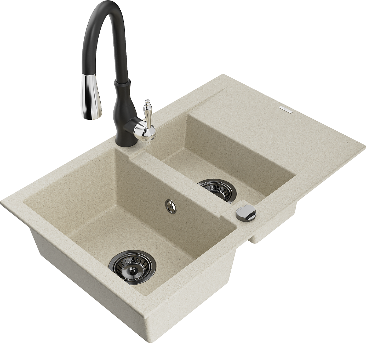 Mexen Gaspar zlewozmywak granitowy 1,5-komorowy z ociekaczem i baterią kuchenną Savita, beżowy - 6507-69-672601-70