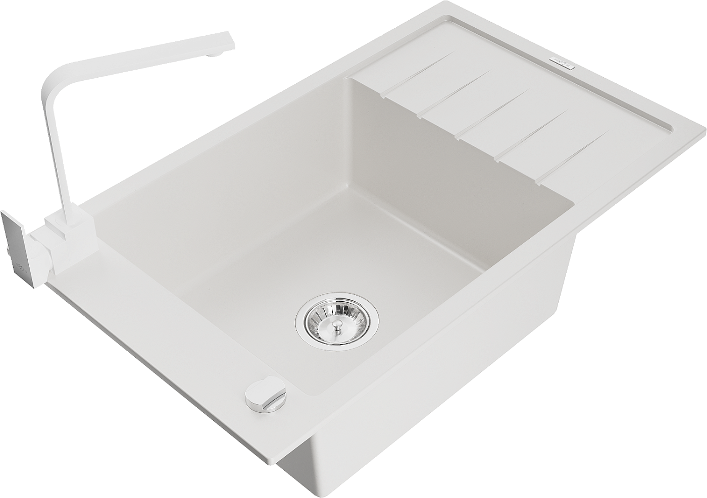 Mexen Elias zlewozmywak granitowy 1-komorowy z ociekaczem i baterią kuchenną Rita, biały - 6511-20-670300-20