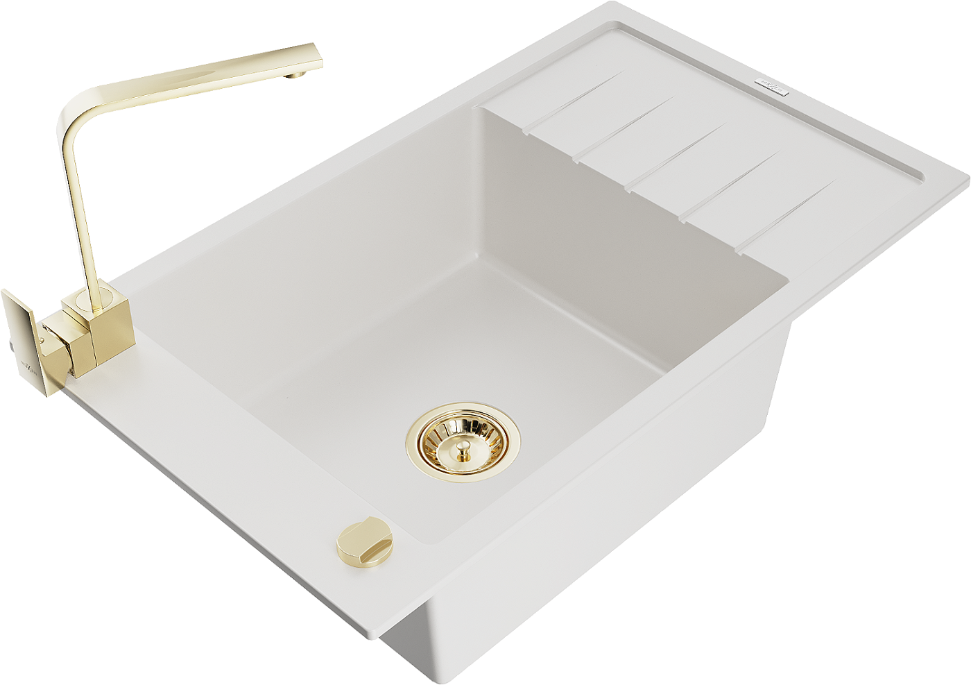 Mexen Elias zlewozmywak granitowy 1-komorowy z ociekaczem i baterią kuchenną Rita, biały - 6511-20-670300-50