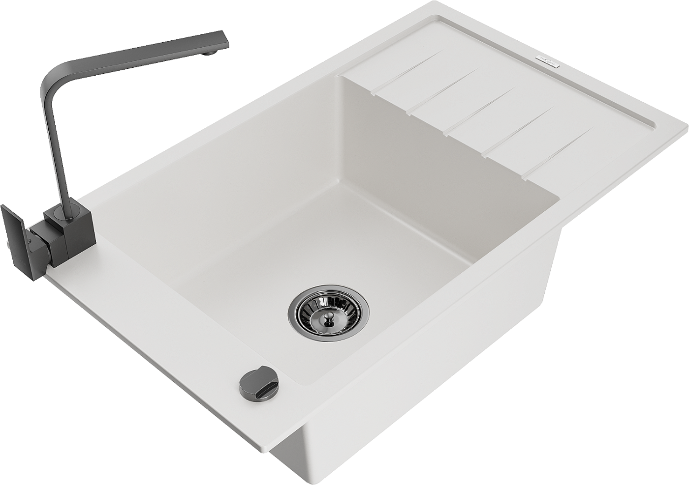 Mexen Elias zlewozmywak granitowy 1-komorowy z ociekaczem i baterią kuchenną Rita, biały - 6511-20-670300-70
