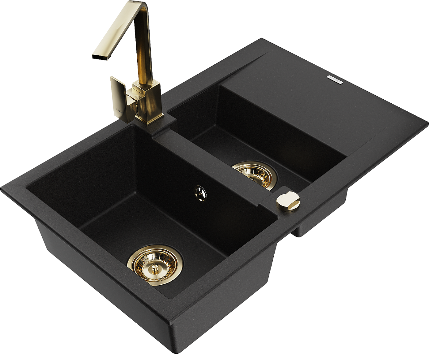 Mexen Gaspar zlewozmywak granitowy 1,5-komorowy z ociekaczem i baterią kuchenną Rita, czarny - 6507-77-670300-50