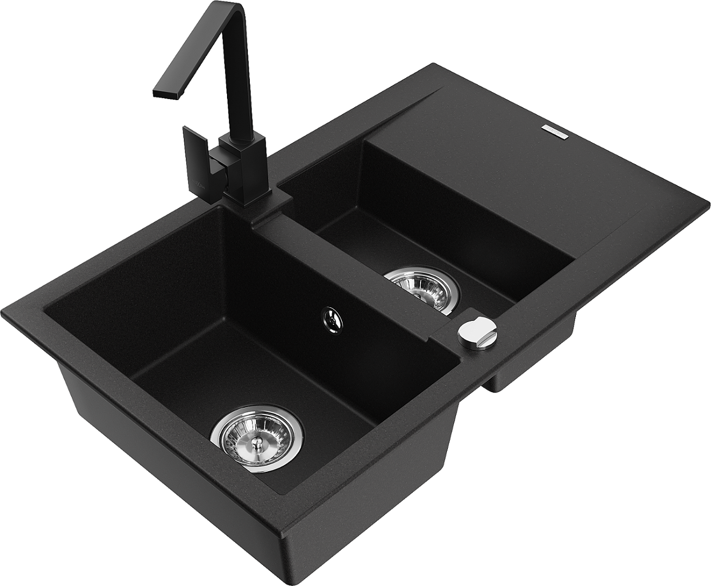 Mexen Gaspar zlewozmywak granitowy 1,5-komorowy z ociekaczem i baterią kuchenną Rita, czarny - 6507-77-670300-70