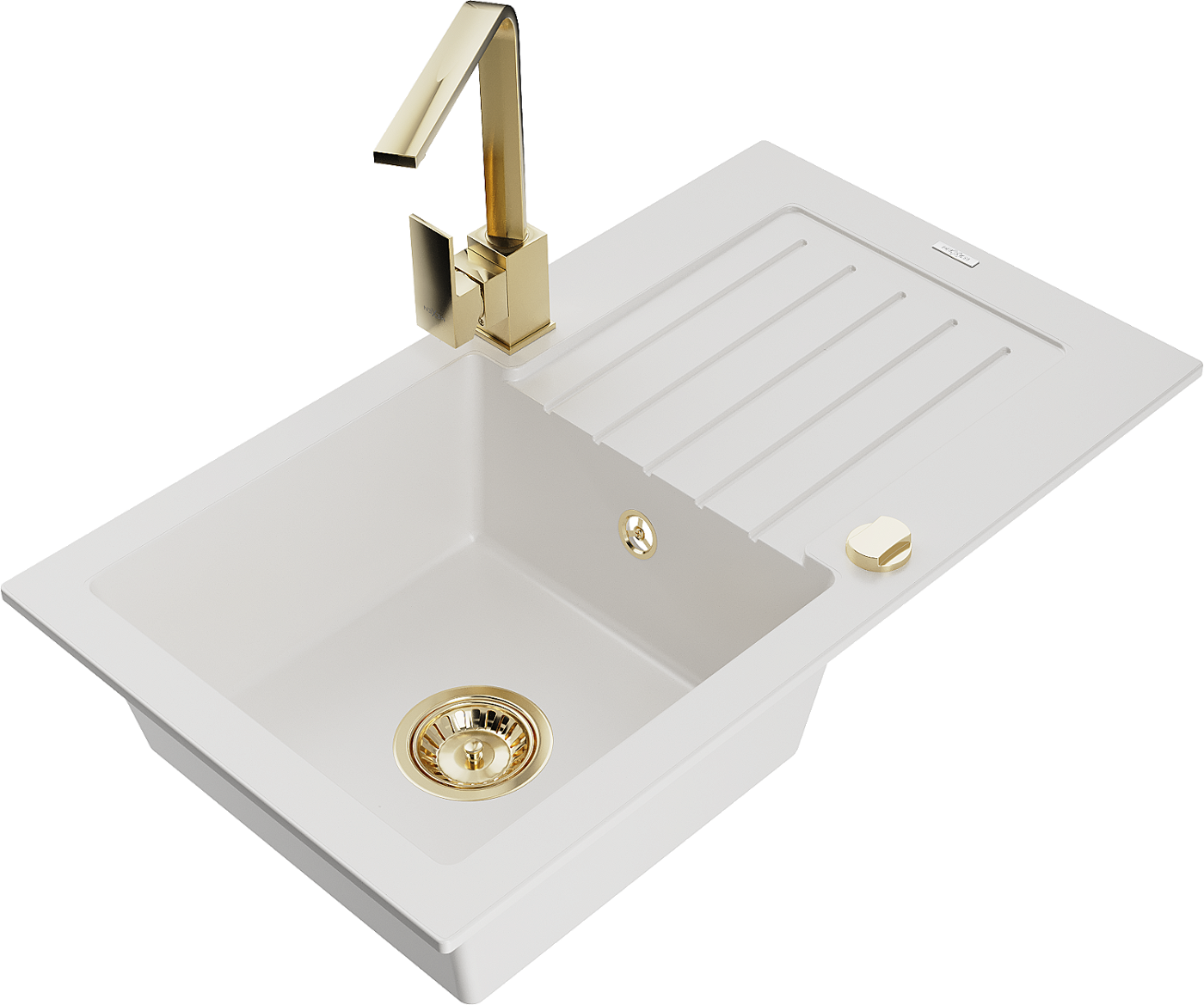 Mexen Pablo zlewozmywak granitowy 1-komorowy z ociekaczem i baterią kuchenną Rita, biały - 6510-20-670300-50