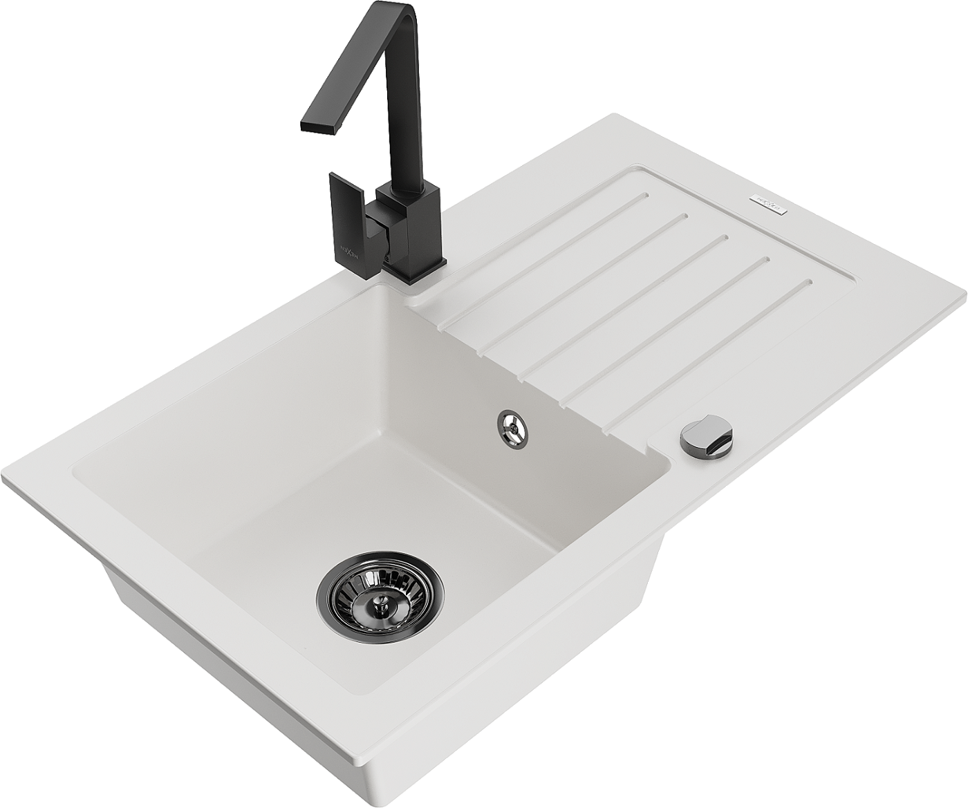 Mexen Pablo zlewozmywak granitowy 1-komorowy z ociekaczem i baterią kuchenną Rita, biały - 6510-20-670300-70