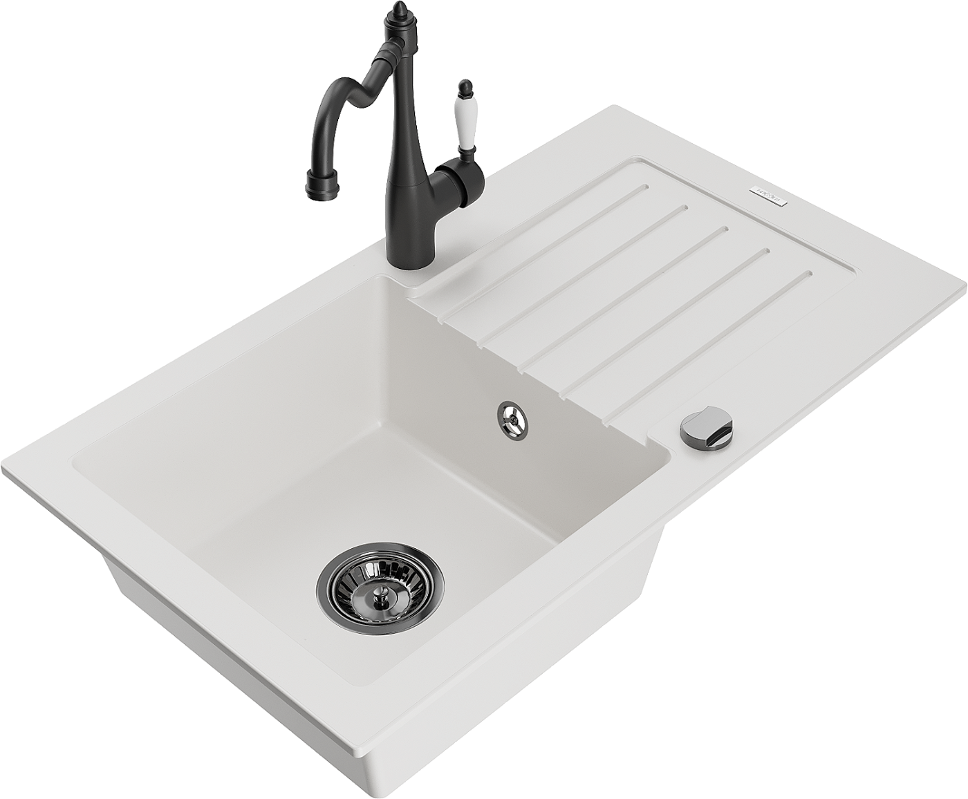 Mexen Pablo zlewozmywak granitowy 1-komorowy z ociekaczem i baterią kuchenną Carla, biały - 6510-20-670700-70
