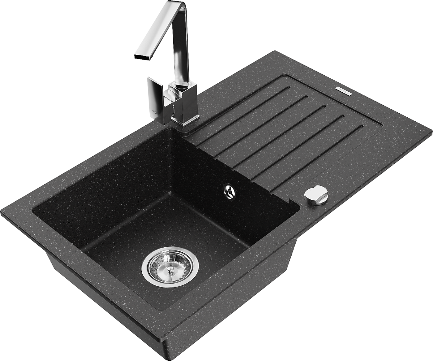 Mexen Pablo zlewozmywak granitowy 1-komorowy z ociekaczem i baterią kuchenną Rita, czarny/srebrny metalik- 6510-73-670300-00