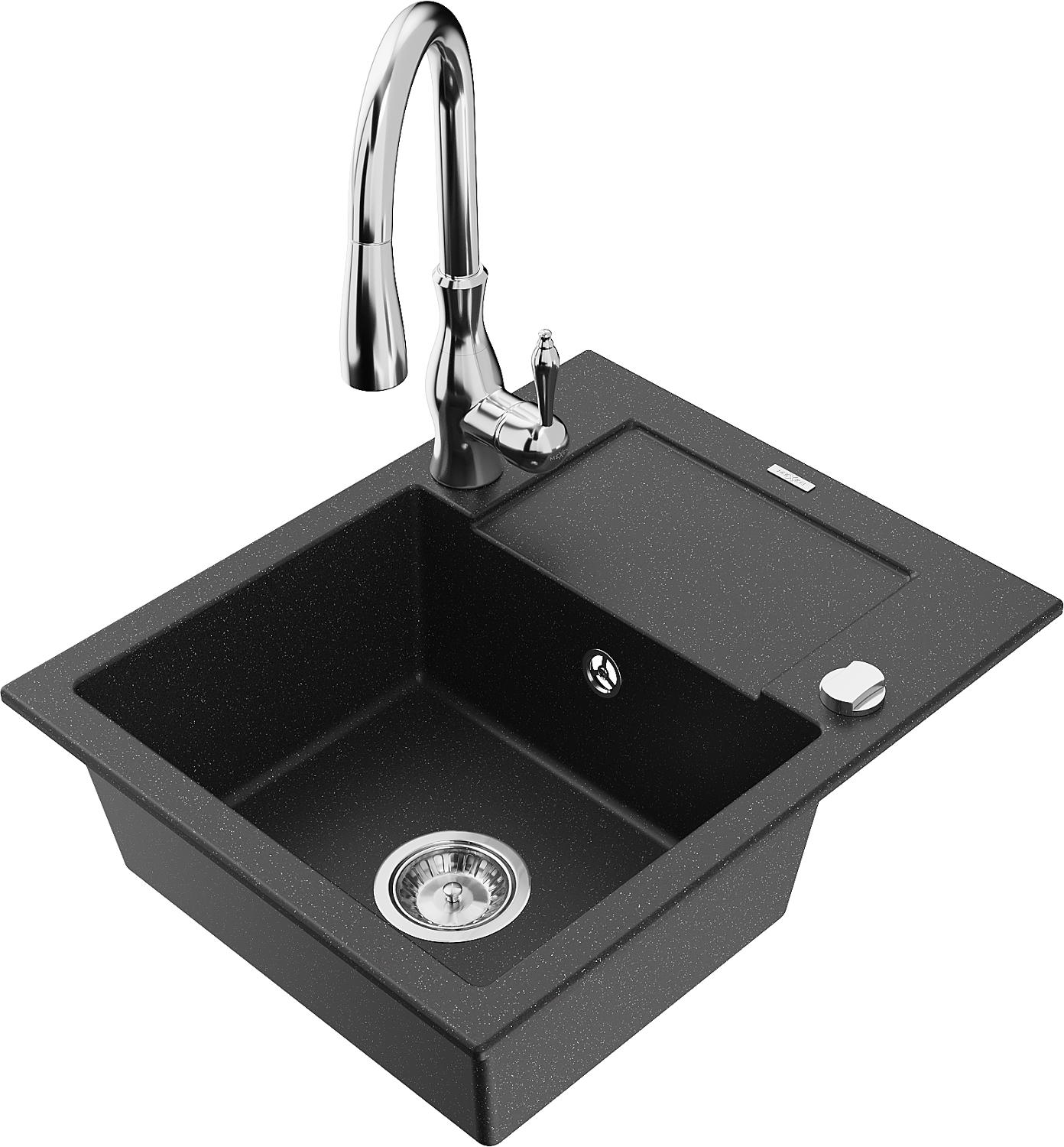 Mexen Enzo zlewozmywak granitowy 1-komorowy z ociekaczem i baterią kuchenną Savita, czarny/srebrny metalik - 6506-73-672601-00