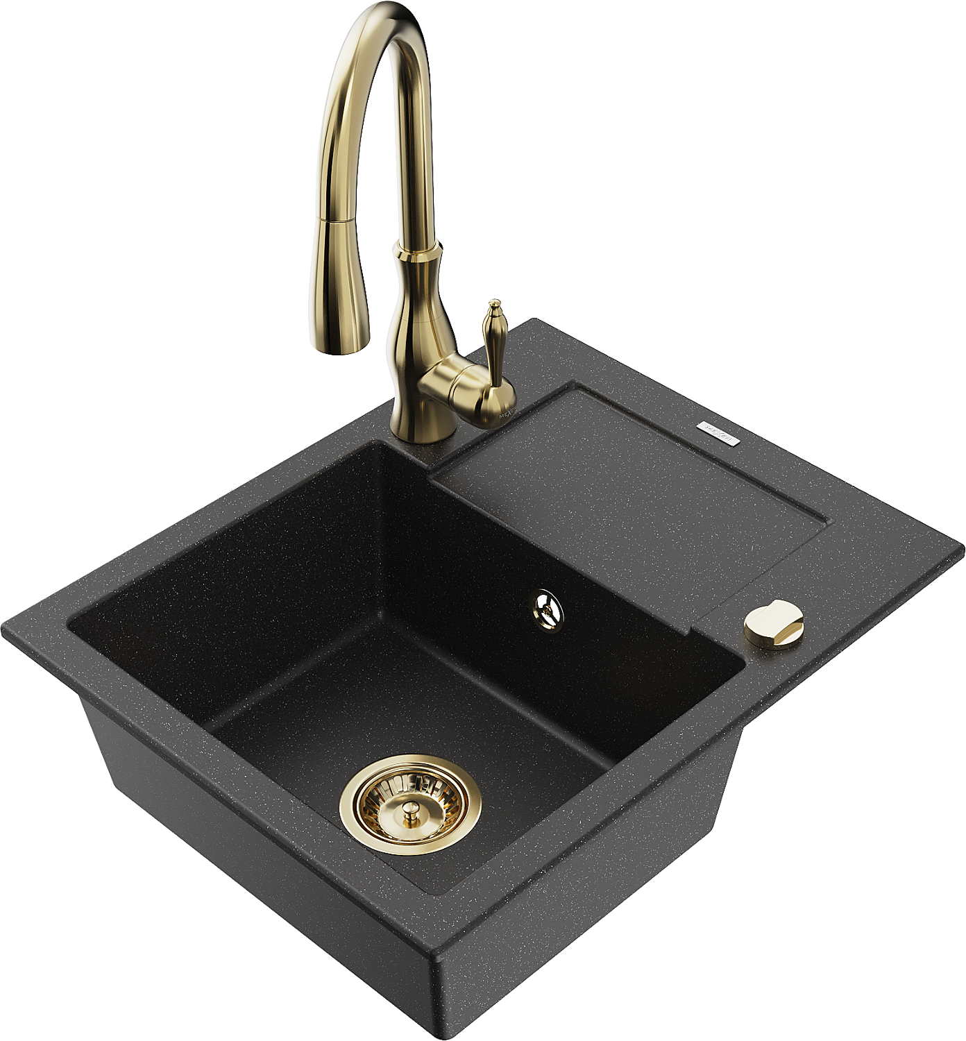 Mexen Enzo zlewozmywak granitowy 1-komorowy z ociekaczem i baterią kuchenną Savita, czarny/srebrny metalik - 6506-73-672601-50