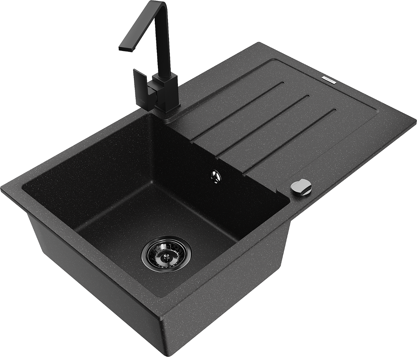 Mexen Bruno zlewozmywak granitowy 1-komorowy z ociekaczem i baterią kuchenną Rita, czarny/srebrny metalik - 6513-73-670300-70-B