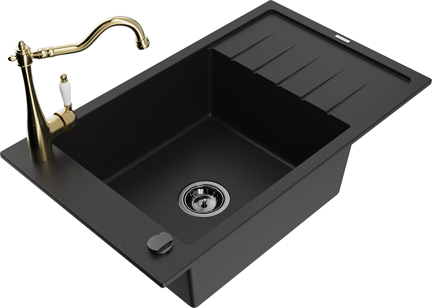 Mexen Elias zlewozmywak granitowy 1-komorowy z ociekaczem i baterią kuchenną Carla, czarny - 6511-77-670700-50-B