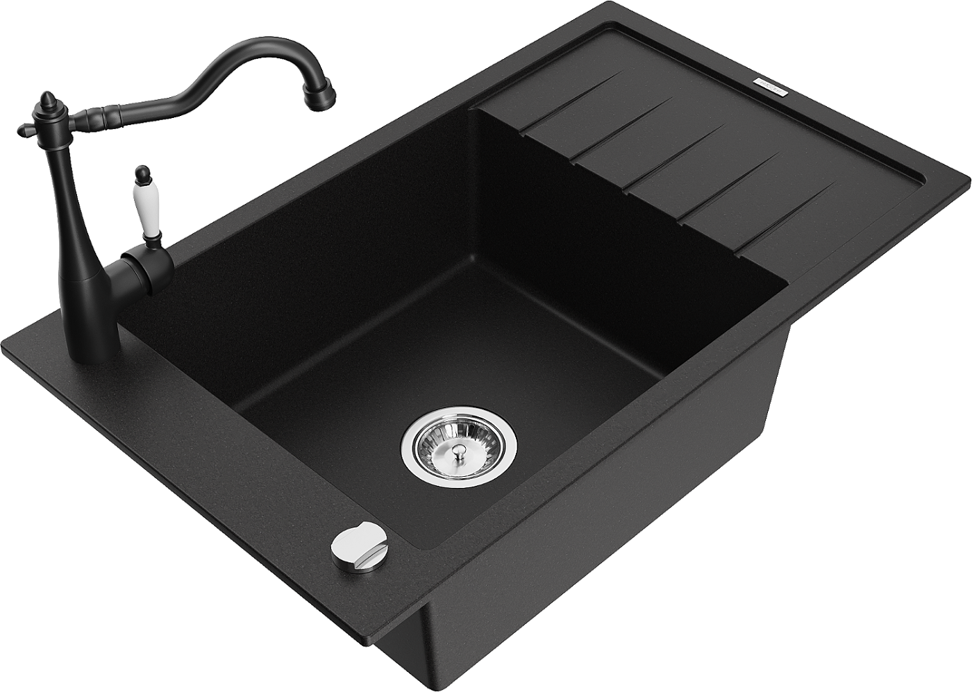 Mexen Elias zlewozmywak granitowy 1-komorowy z ociekaczem i baterią kuchenną Carla, czarny - 6511-77-670700-70