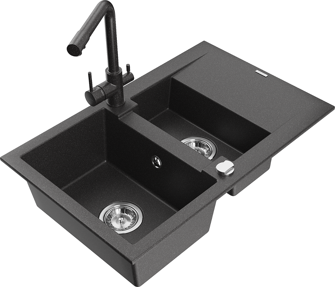 Mexen Gaspar zlewozmywak granitowy 1,5-komorowy z ociekaczem i baterią kuchenną Duero, czarny nakrapiany - 6507-76-671600-76