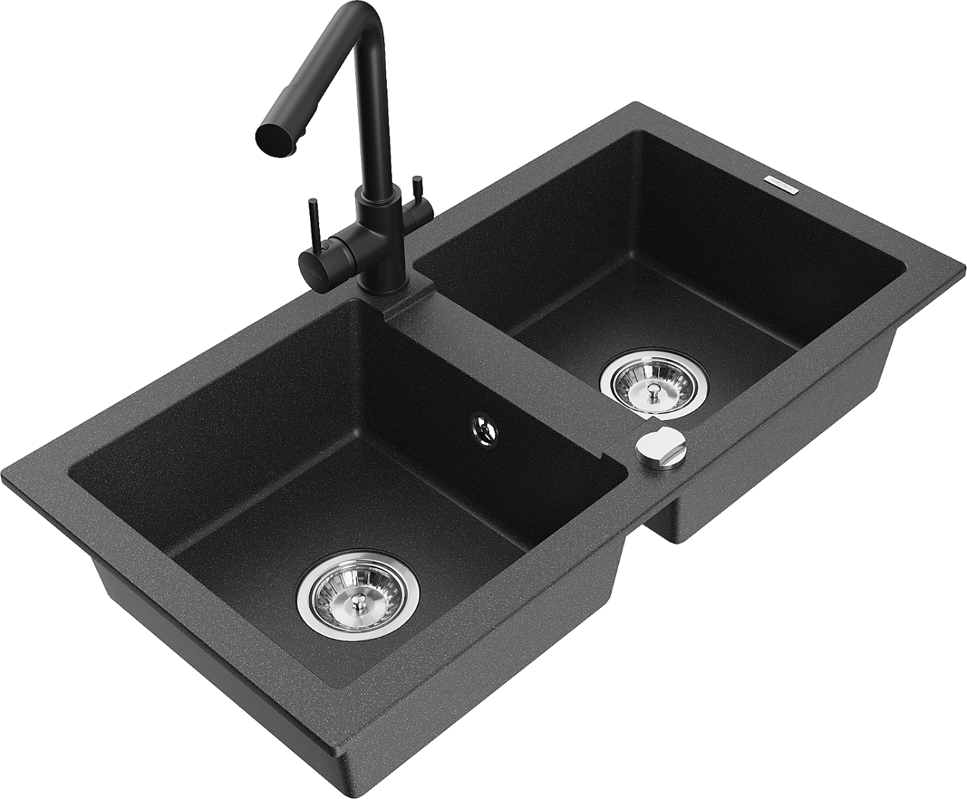 Mexen Mario zlewozmywak granitowy 2-komorowy z baterią kuchenną Duero, czarny nakrapiany - 6504-76-671600-70