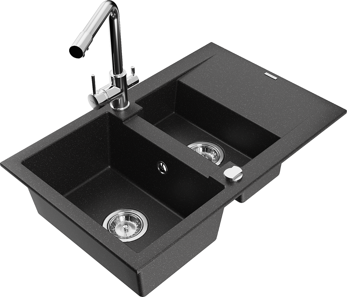 Mexen Gaspar zlewozmywak granitowy 1,5-komorowy z ociekaczem i baterią kuchenną Duero, czarny/srebrny - 6507-73-671600-00
