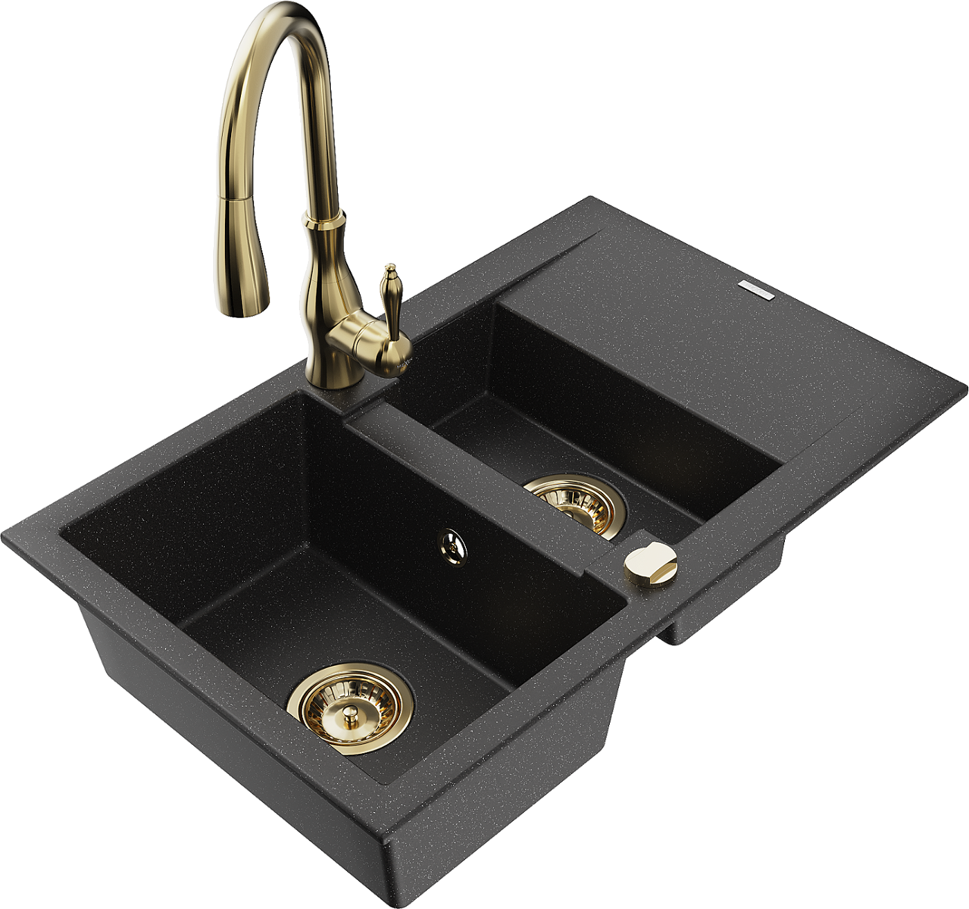 Mexen Gaspar zlewozmywak granitowy 1,5-komorowy z ociekaczem i baterią kuchenną Savita, czarny/srebrny - 6507-73-672601-50