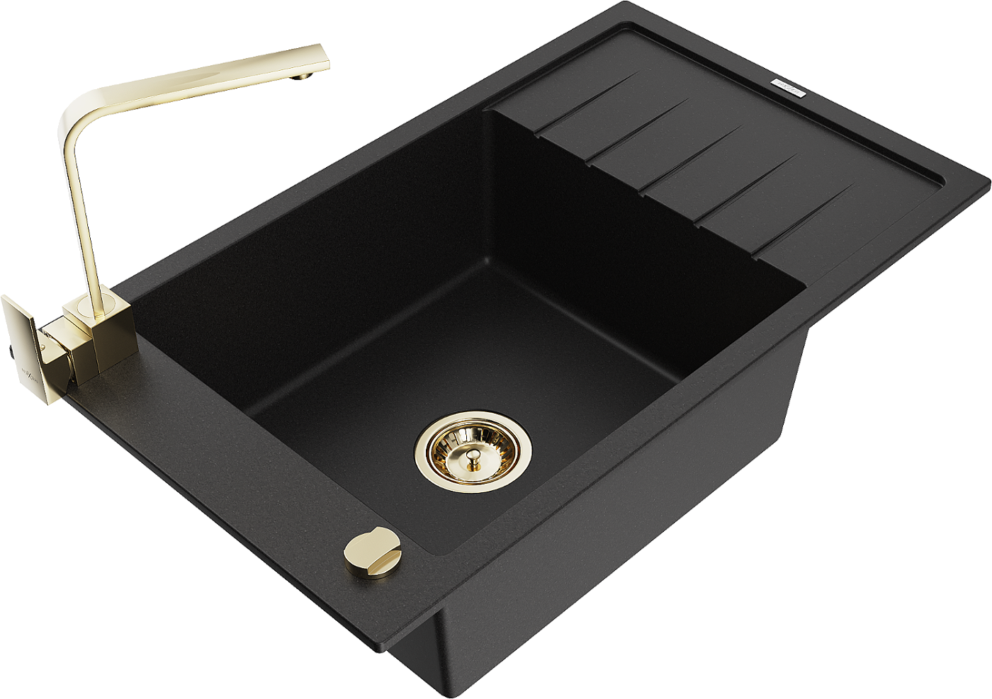 Mexen Elias zlewozmywak granitowy 1-komorowy z ociekaczem i baterią kuchenną Rita, czarny - 6511-77-670300-50