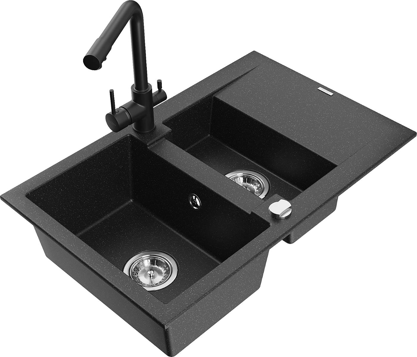 Mexen Gaspar zlewozmywak granitowy 1,5-komorowy z ociekaczem i baterią kuchenną Duero, czarny/srebrny - 6507-73-671600-70