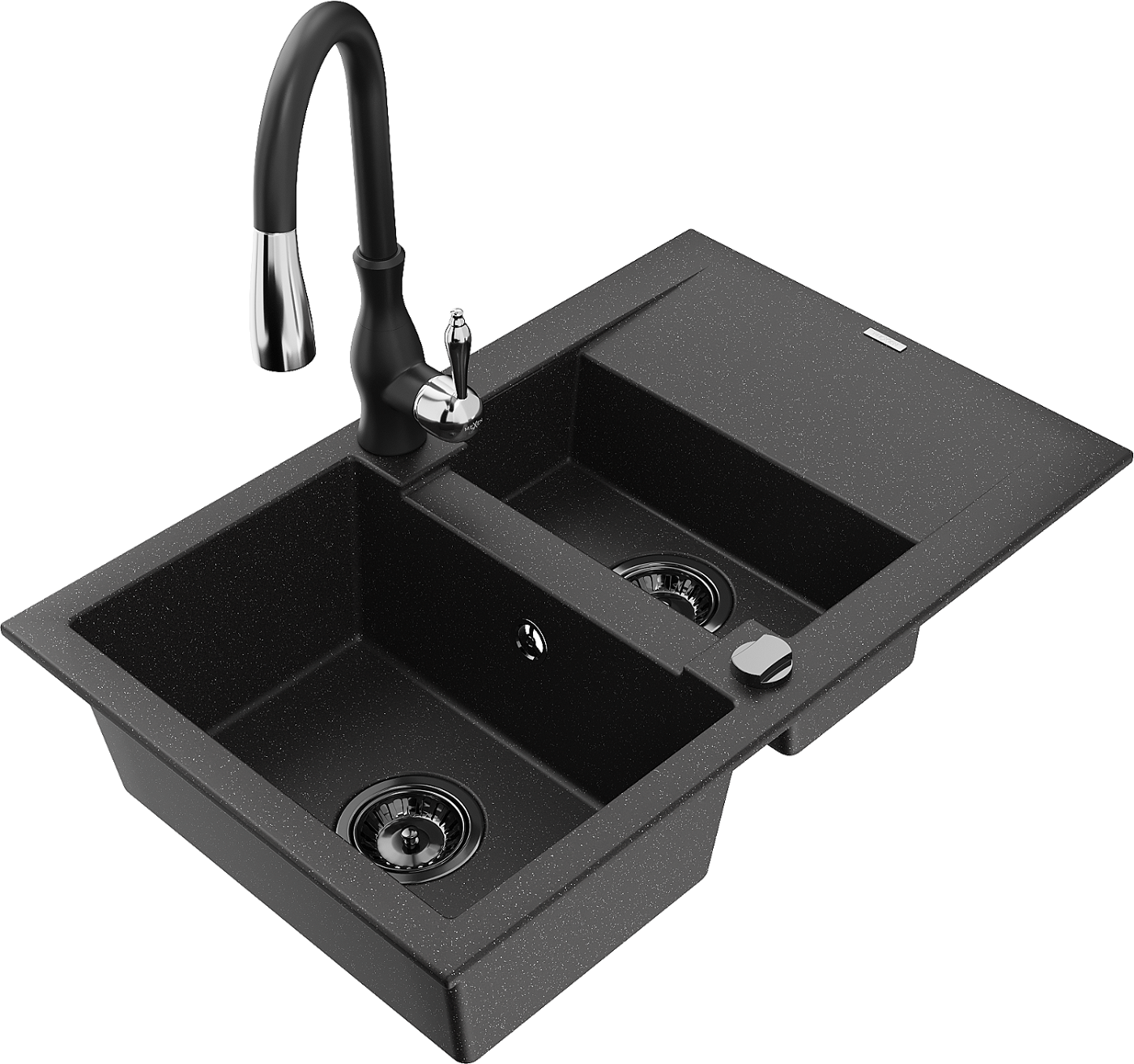 Mexen Gaspar zlewozmywak granitowy 1,5-komorowy z ociekaczem i baterią kuchenną Savita, czarny/srebrny - 6507-73-672601-70-B