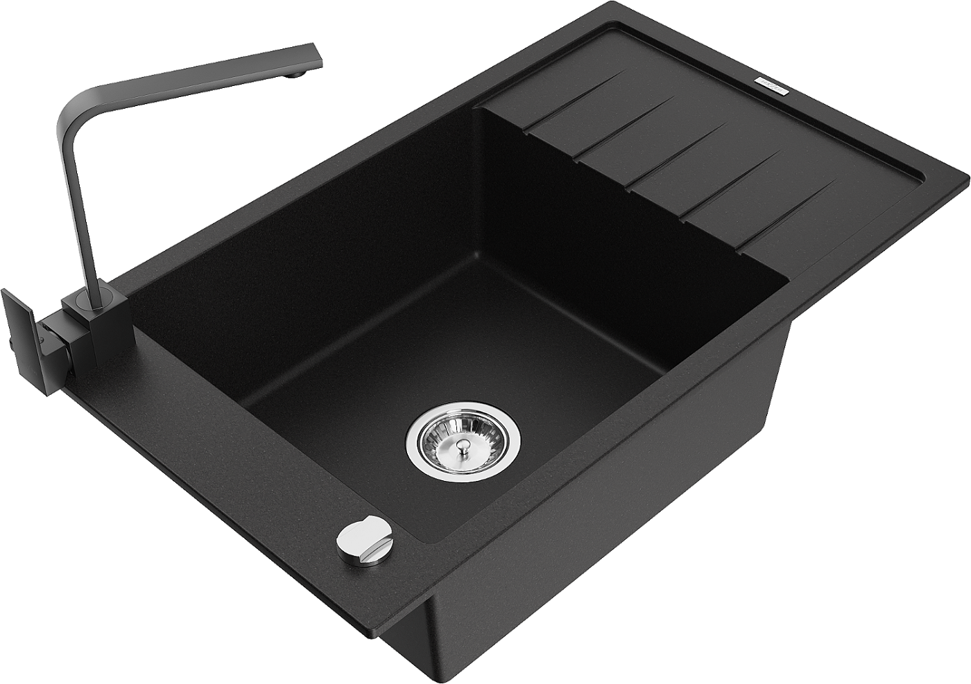 Mexen Elias zlewozmywak granitowy 1-komorowy z ociekaczem i baterią kuchenną Rita, czarny - 6511-77-670300-70