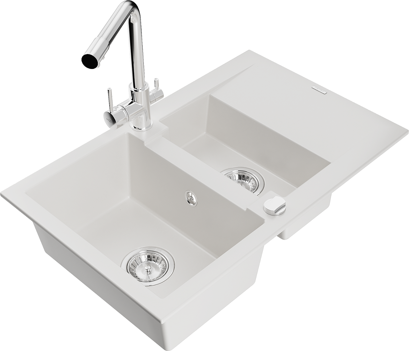 Mexen Gaspar zlewozmywak granitowy 1,5-komorowy z ociekaczem i baterią kuchenną Duero, biały - 6507-20-671600-00