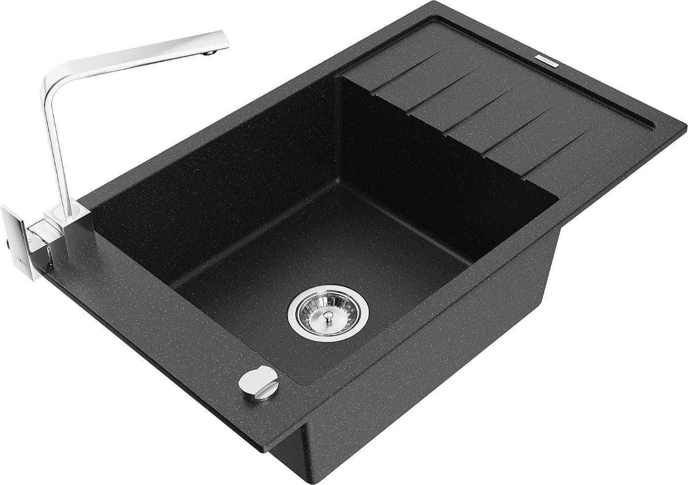 Mexen Elias zlewozmywak granitowy 1-komorowy z ociekaczem i baterią kuchenną Rita, czarny/srebrny metalik - 6511-73-670300-00