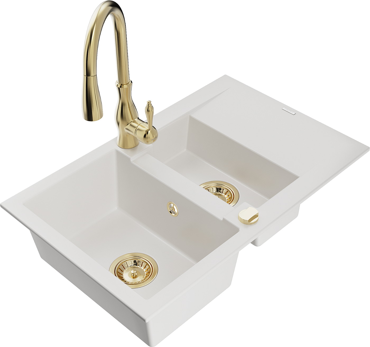 Mexen Gaspar zlewozmywak granitowy 1,5-komorowy z ociekaczem i baterią kuchenną Savita, biały - 6507-20-672601-50