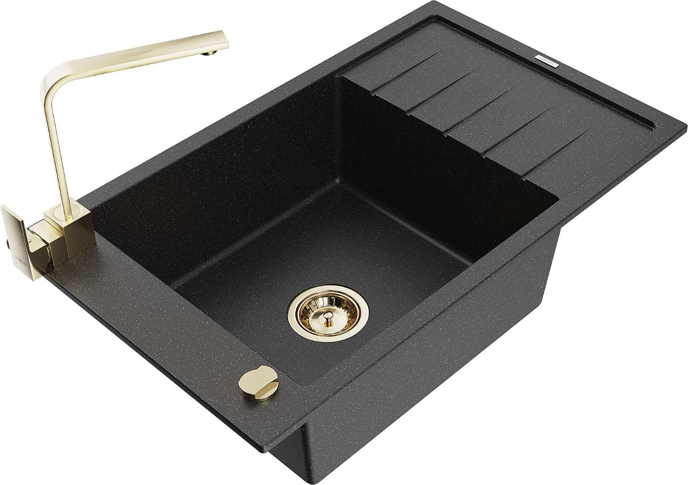 Mexen Elias zlewozmywak granitowy 1-komorowy z ociekaczem i baterią kuchenną Rita, czarny/srebrny metalik - 6511-73-670300-50