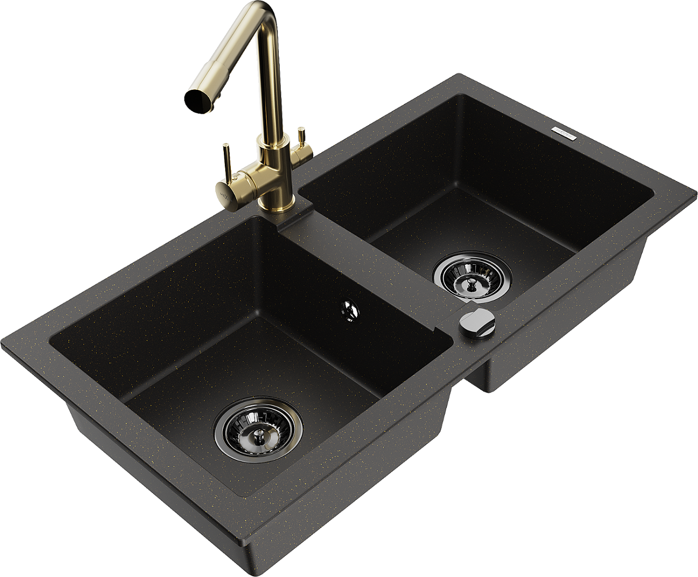 Mexen Mario zlewozmywak granitowy 2-komorowy z baterią kuchenną Duero, czarny/złoty metalik - 6504-75-671600-50-B
