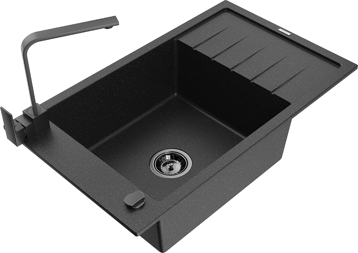 Mexen Elias zlewozmywak granitowy 1-komorowy z ociekaczem i baterią kuchenną Rita, czarny/srebrny metalik - 6511-73-670300-70-B