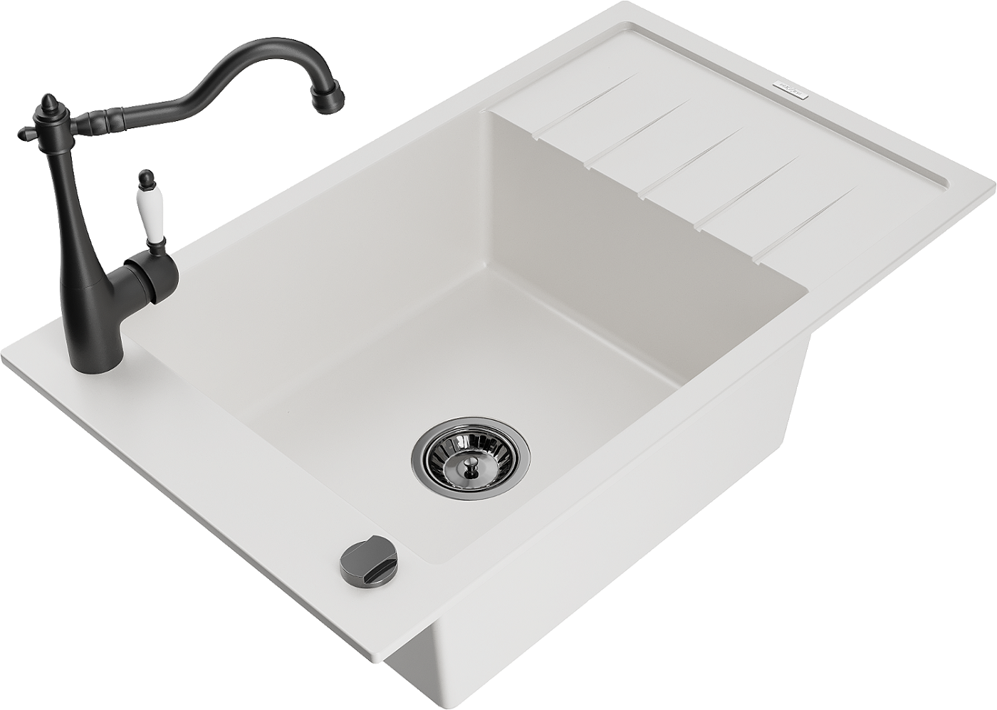 Mexen Elias zlewozmywak granitowy 1-komorowy z ociekaczem i baterią kuchenną Carla, biały - 6511-20-670700-70