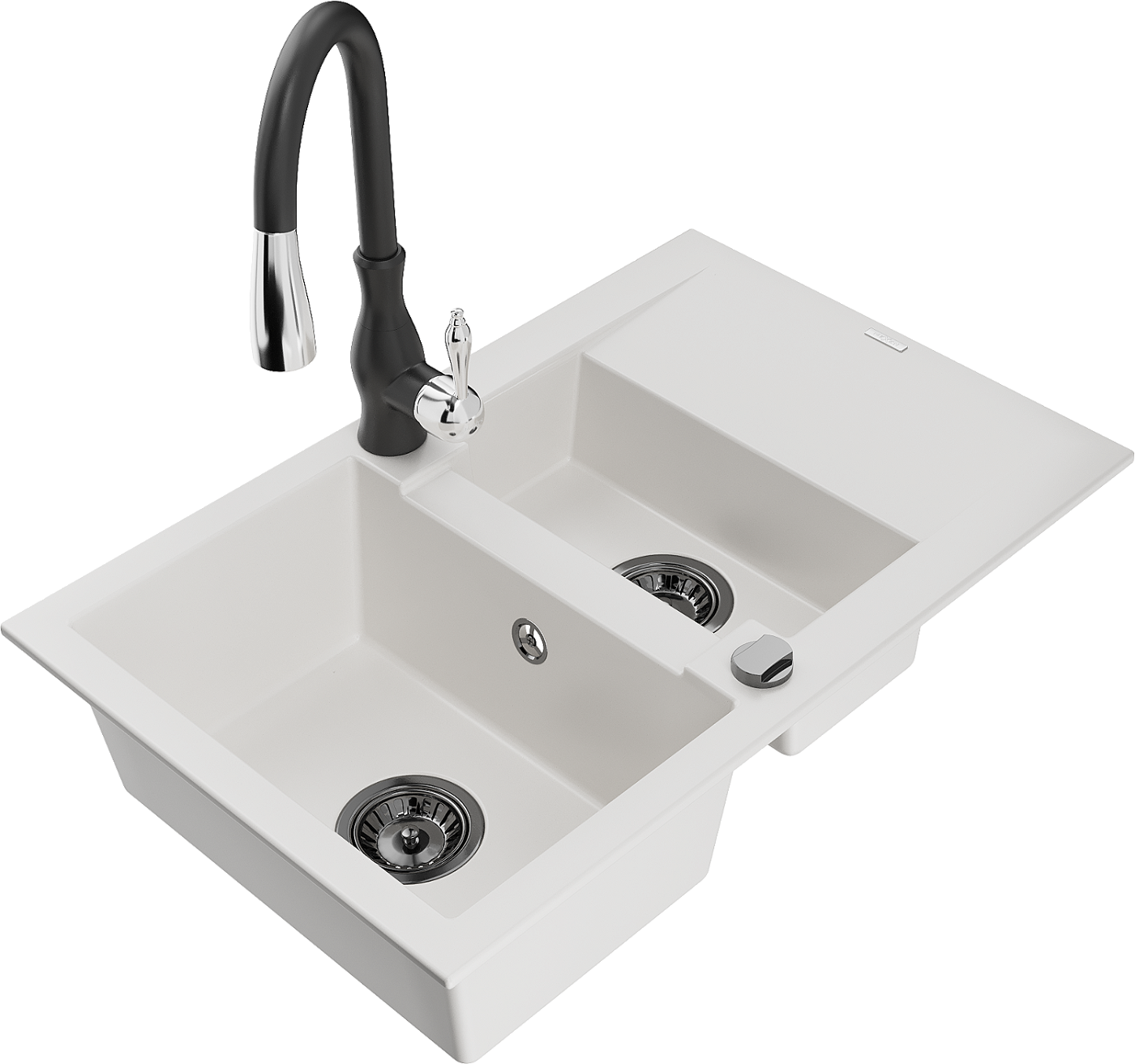 Mexen Gaspar zlewozmywak granitowy 1,5-komorowy z ociekaczem i baterią kuchenną Savita, biały - 6507-20-672601-70