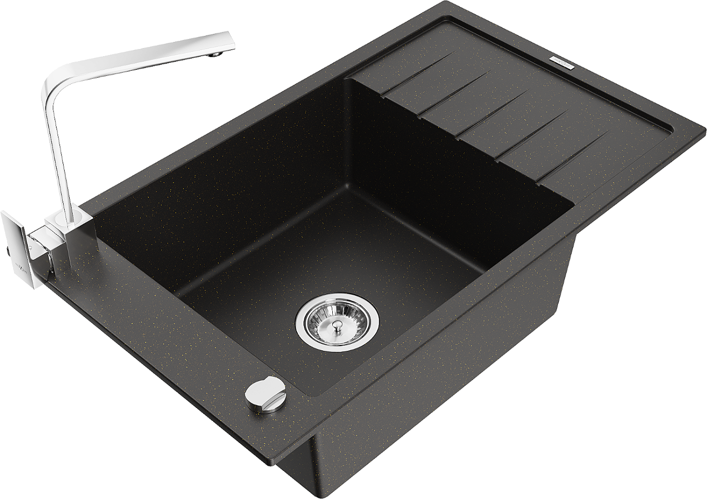 Mexen Elias zlewozmywak granitowy 1-komorowy z ociekaczem i baterią kuchenną Rita, czarny/srebrny metalik - 6511-73-670300-70