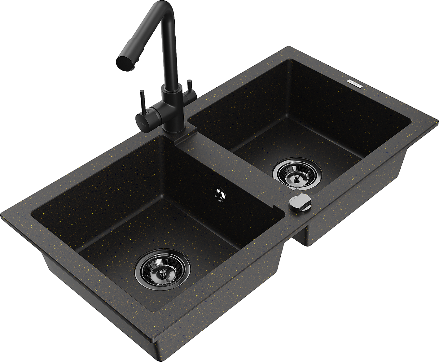 Mexen Mario zlewozmywak granitowy 2-komorowy z baterią kuchenną Duero, czarny/złoty metalik - 6504-75-671600-70-B