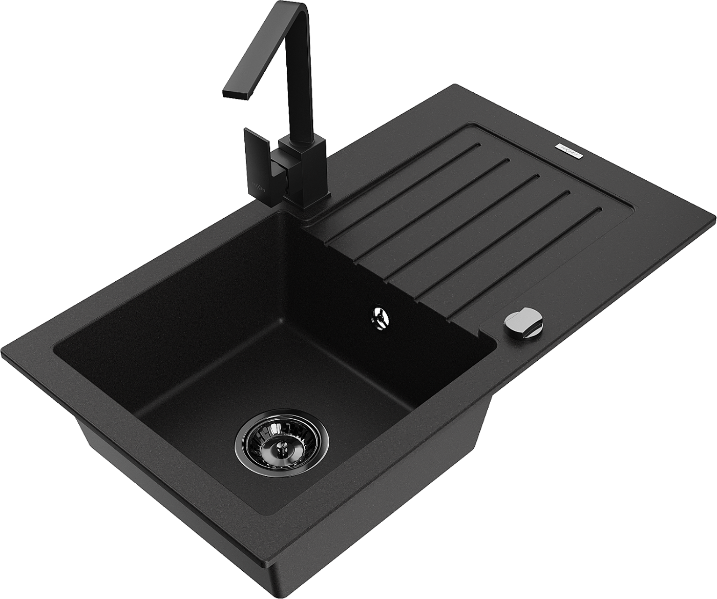 Mexen Pablo zlewozmywak granitowy 1-komorowy z ociekaczem i baterią kuchenną Rita, czarny - 6510-77-670300-70-B