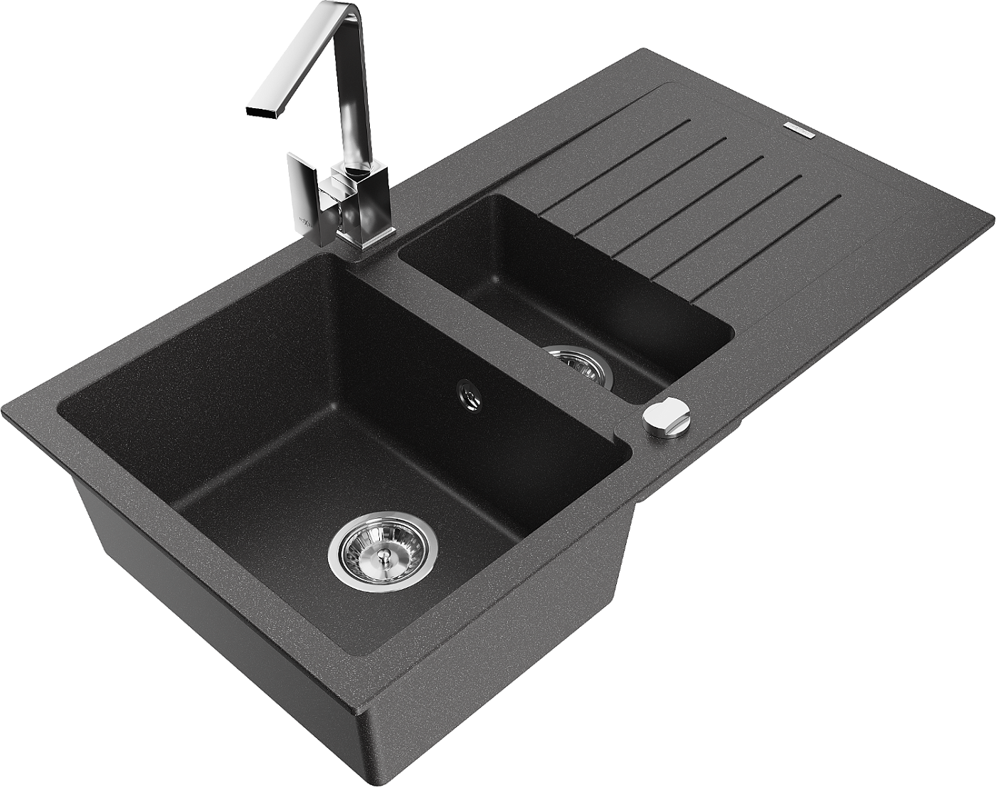 Mexen Matias zlewozmywak granitowy 1,5-komorowy z ociekaczem i baterią kuchenną Rita, czarny nakrapiany  - 6502-76-670300-00