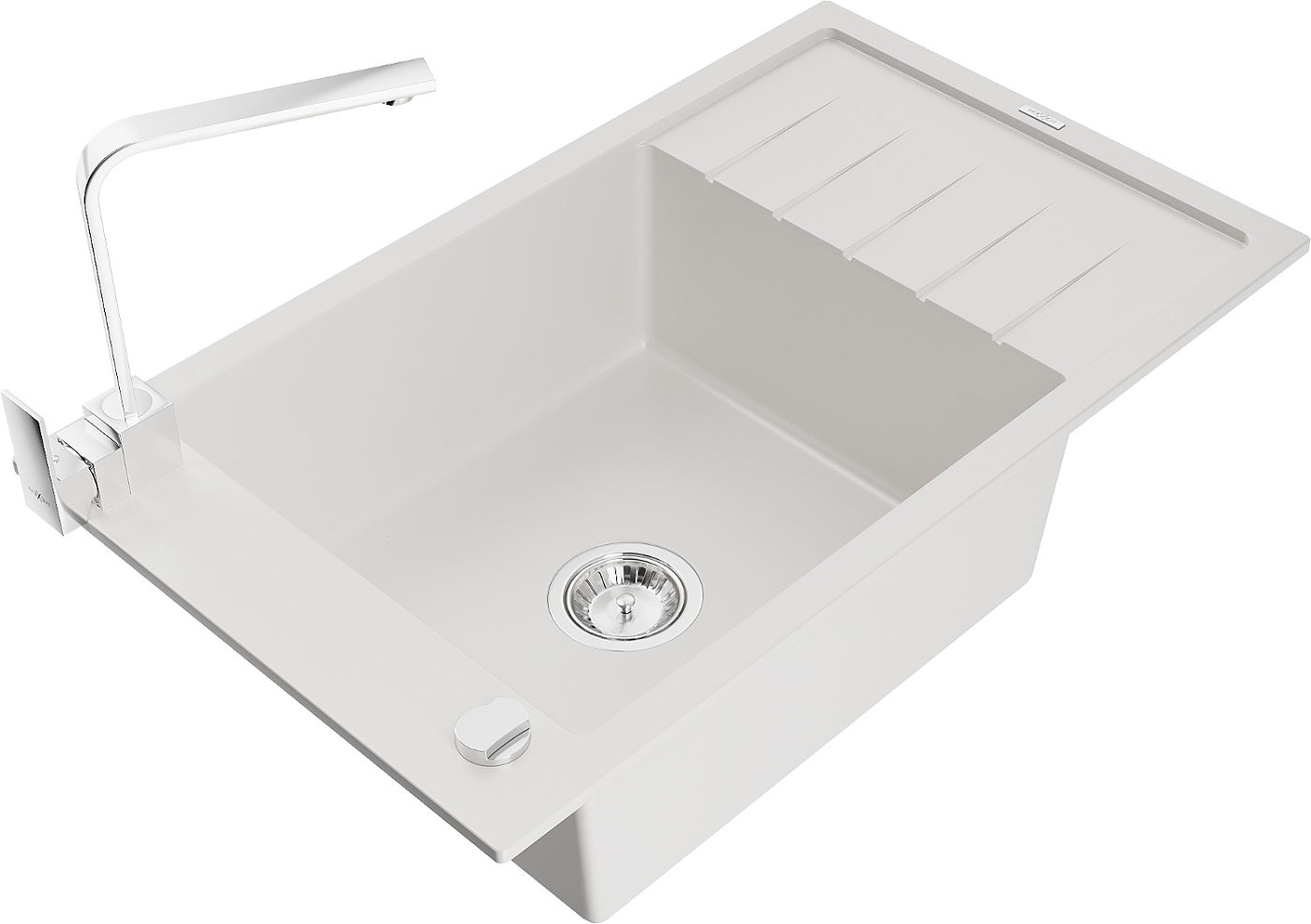 Mexen Elias zlewozmywak granitowy 1-komorowy z ociekaczem i baterią kuchenną Rita, biały - 6511-20-670300-00
