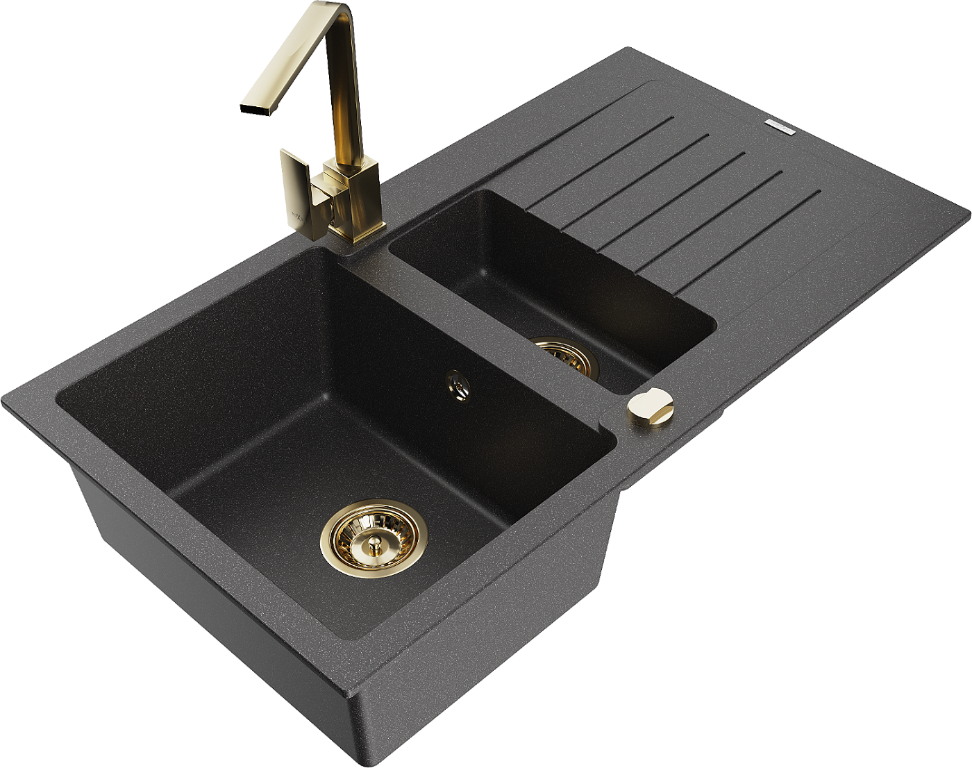 Mexen Matias zlewozmywak granitowy 1,5-komorowy z ociekaczem i baterią kuchenną Rita, czarny nakrapiany  - 6502-76-670300-50