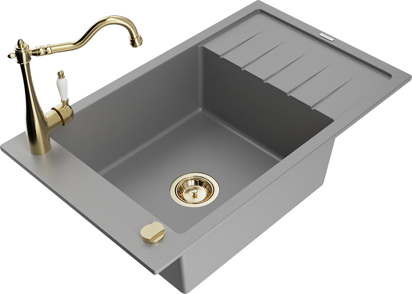 Mexen Elias zlewozmywak granitowy 1-komorowy z ociekaczem i baterią kuchenną Carla, szary - 6511-71-670700-50